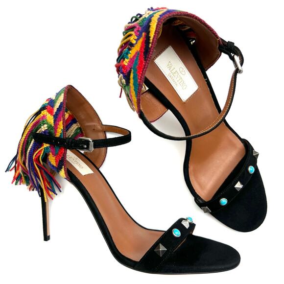 VALENTINO Rockstud Rolling Fringed Suede Ankle Strap Sandals EU 39 US 9 Heels - Picture 1 of 13